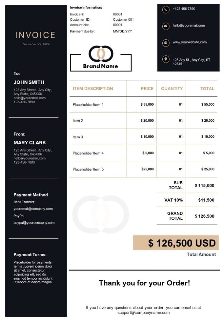 Black Business Invoice A4 Template | PPT & Google Slides