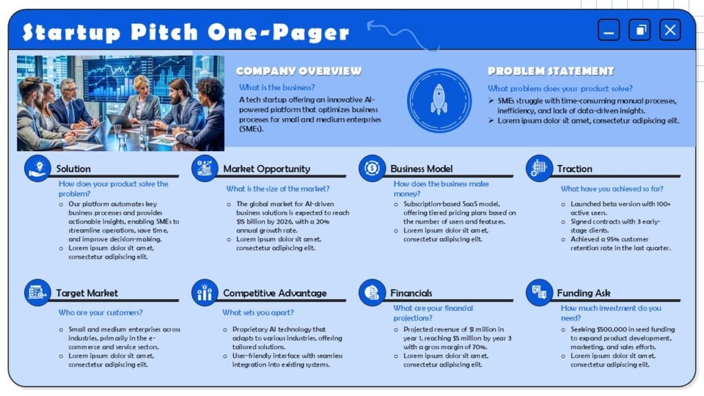 The 10 Minute Startup Pitch One Pager Presentation Deck