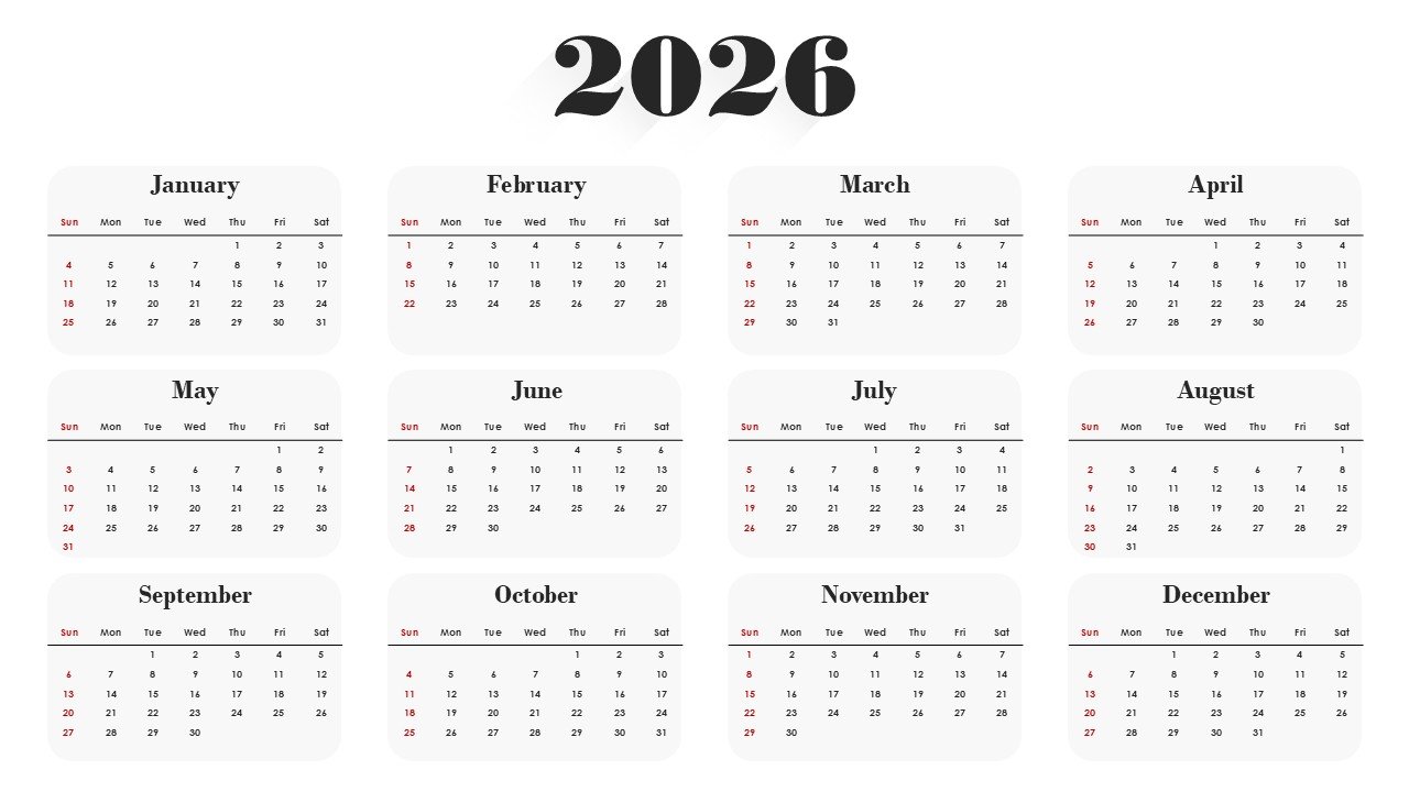 2026 Monthly Calendar Template PPT PowerPoint Infographics