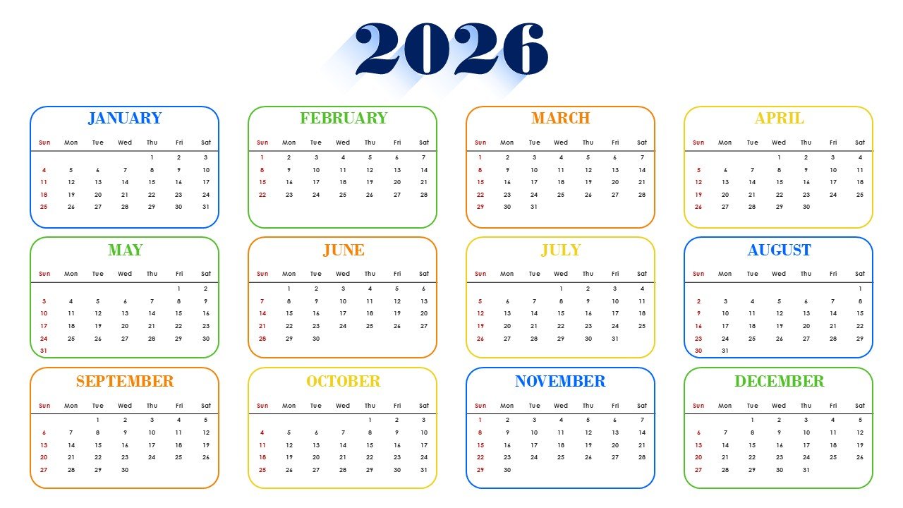 Colorful 2026 Monthly Calendar Template PPT PowerPoint Infographics
