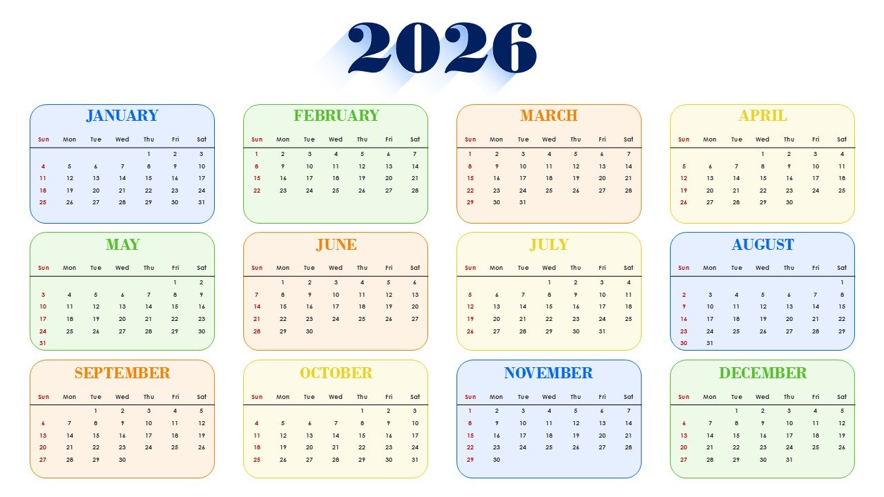 Colorful 2026 Monthly Calendar Template PPT PowerPoint Infographics
