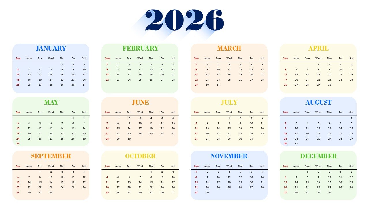 Colorful 2026 Monthly Calendar Template PPT PowerPoint Infographics