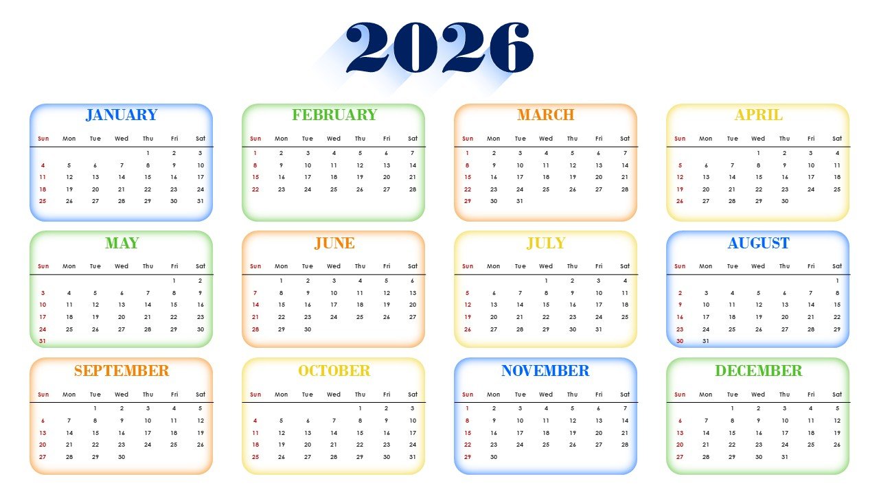 Colorful 2026 Monthly Calendar Template PPT PowerPoint Infographics
