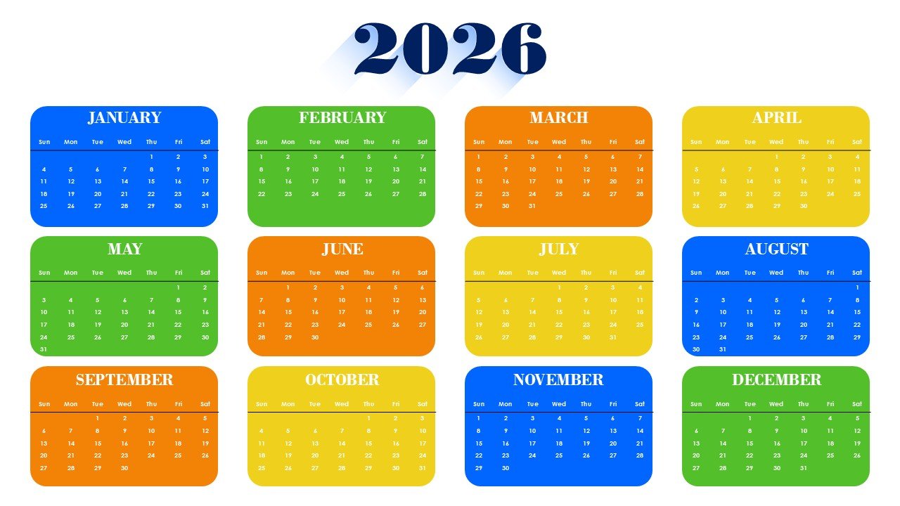 Colorful 2026 Monthly Calendar Template PPT PowerPoint Infographics