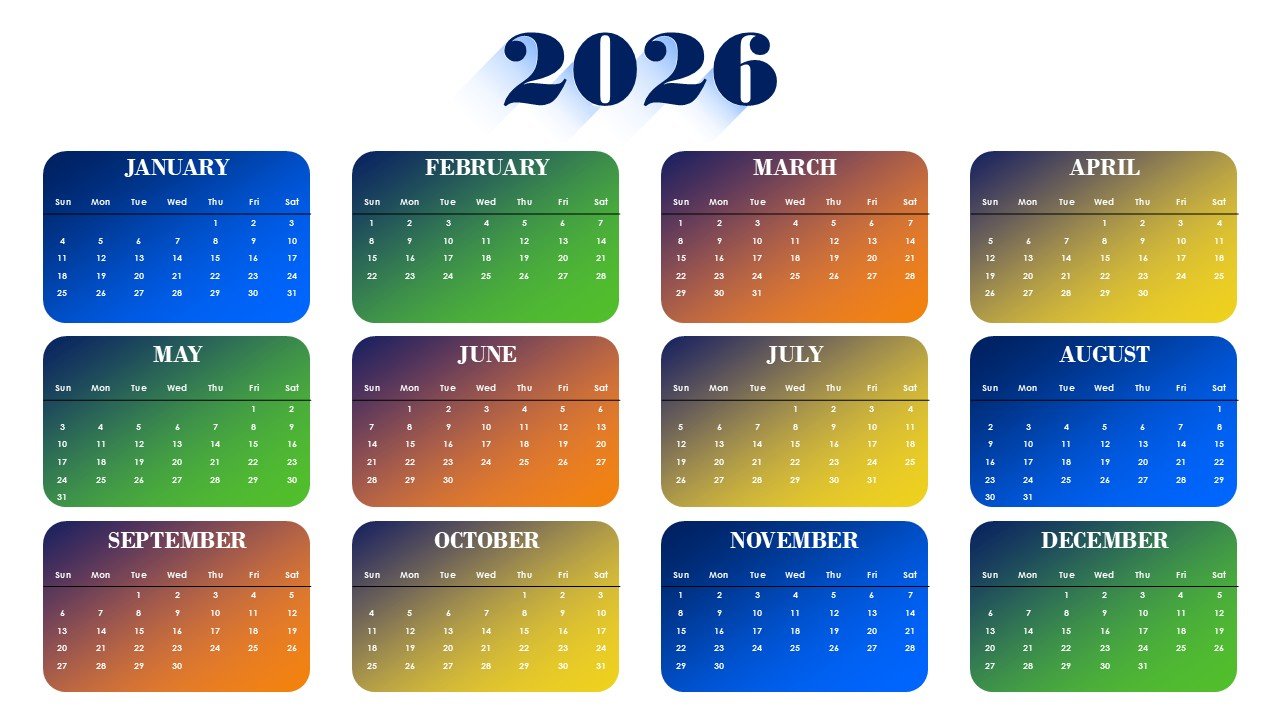 Colorful 2026 Monthly Calendar Template PPT PowerPoint Infographics