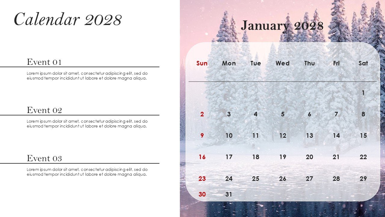 Monthly Event Planning Calender 2028 PowerPoint Infographics