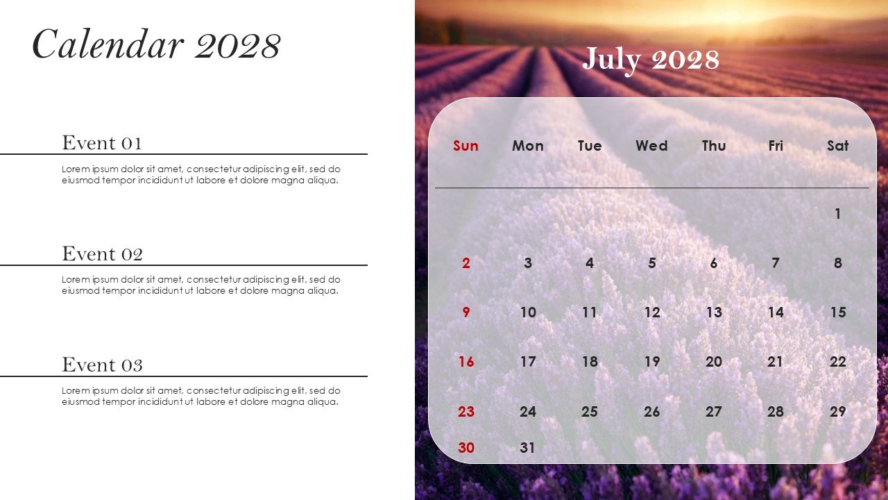 Monthly Event Planning Calender 2028 PowerPoint Infographics
