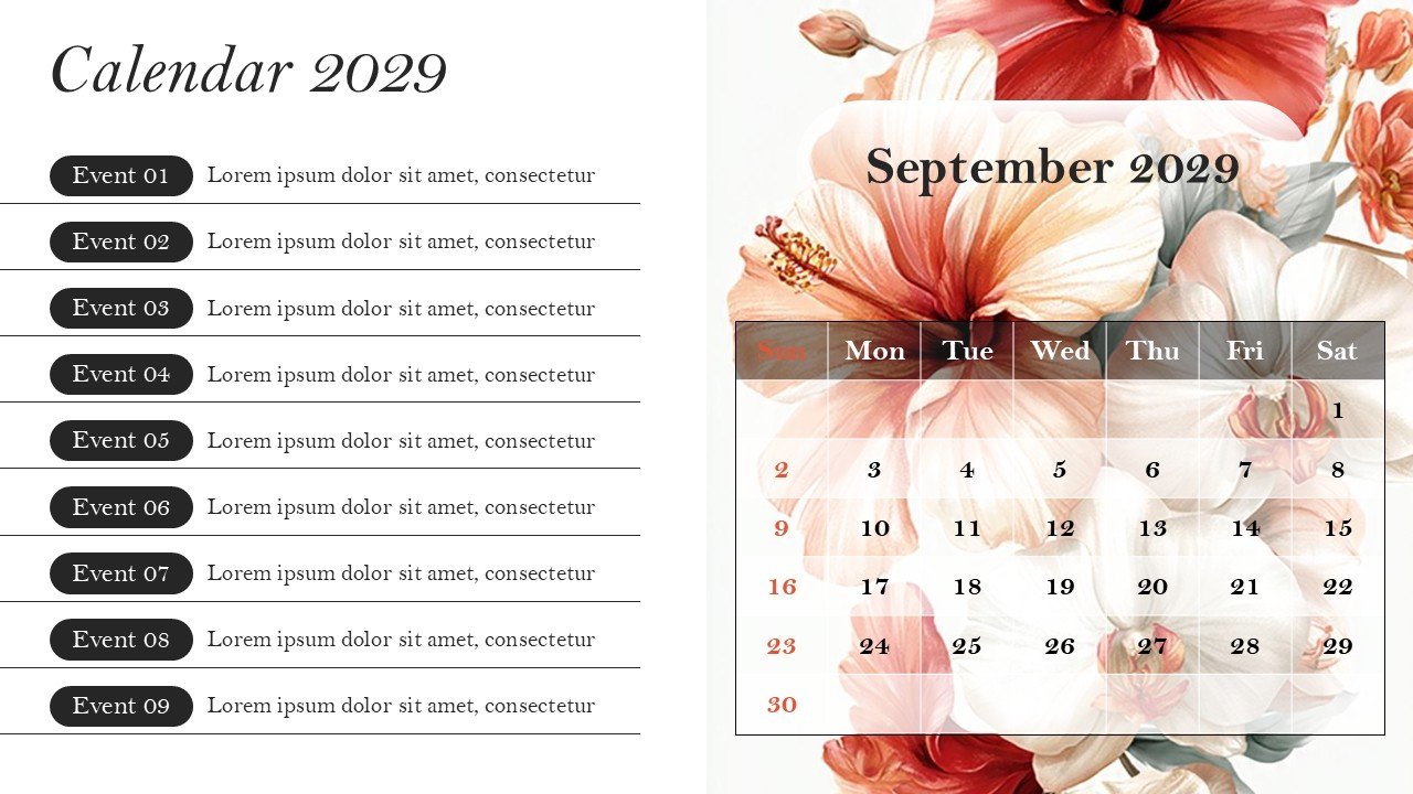 Monthly Event Planning Calender 2029 PowerPoint Infographics