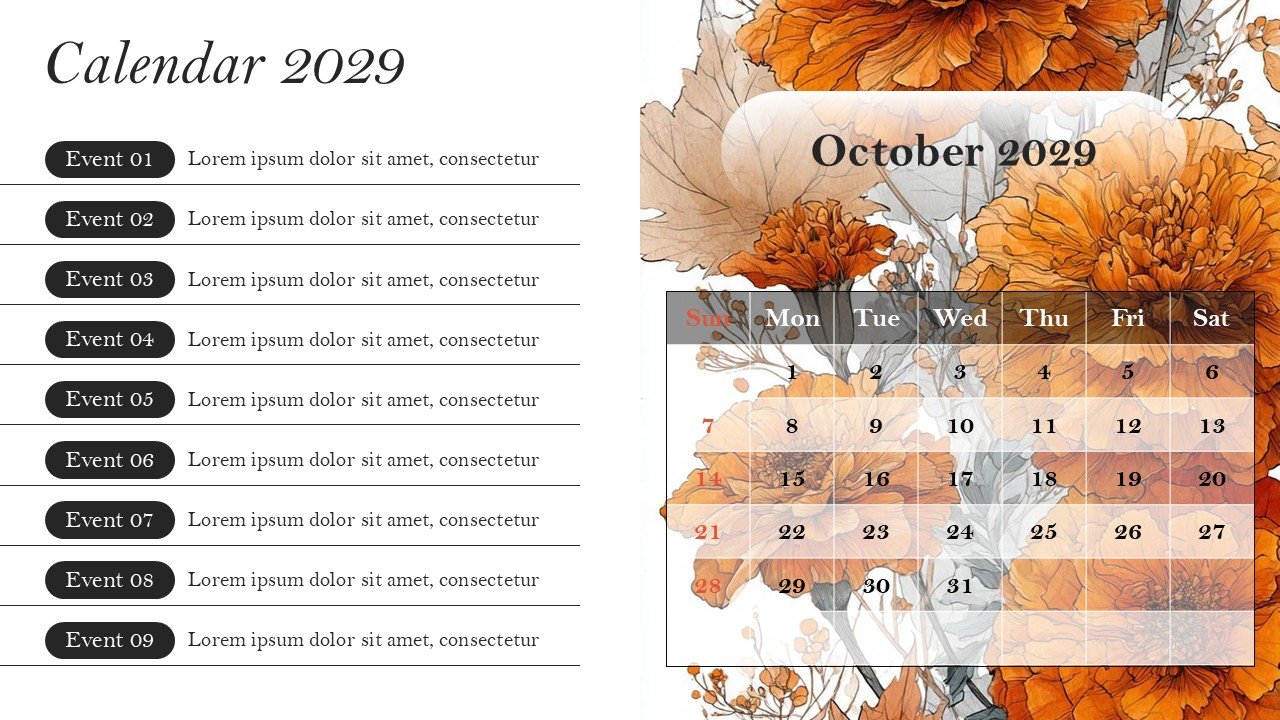 Monthly Event Planning Calender 2029 PowerPoint Infographics