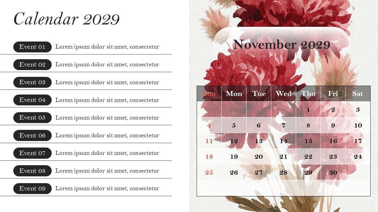 Monthly Event Planning Calender 2029 PowerPoint Infographics