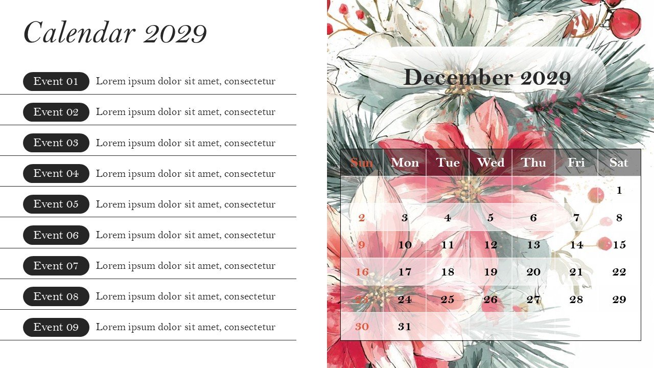 Monthly Event Planning Calender 2029 PowerPoint Infographics
