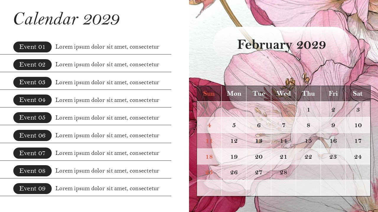Monthly Event Planning Calender 2029 PowerPoint Infographics