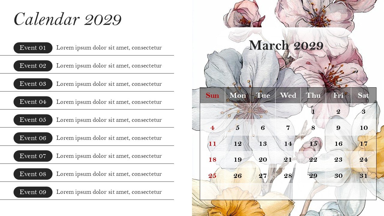 Monthly Event Planning Calender 2029 PowerPoint Infographics