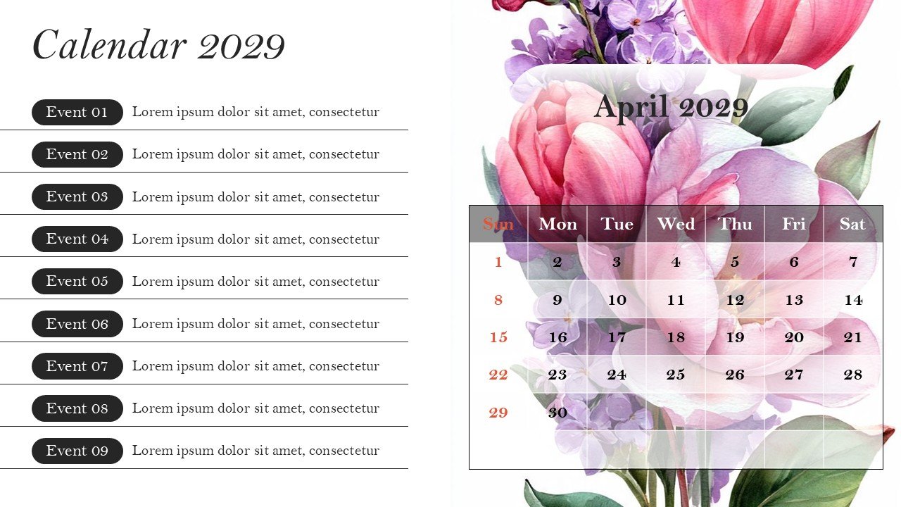 Monthly Event Planning Calender 2029 PowerPoint Infographics