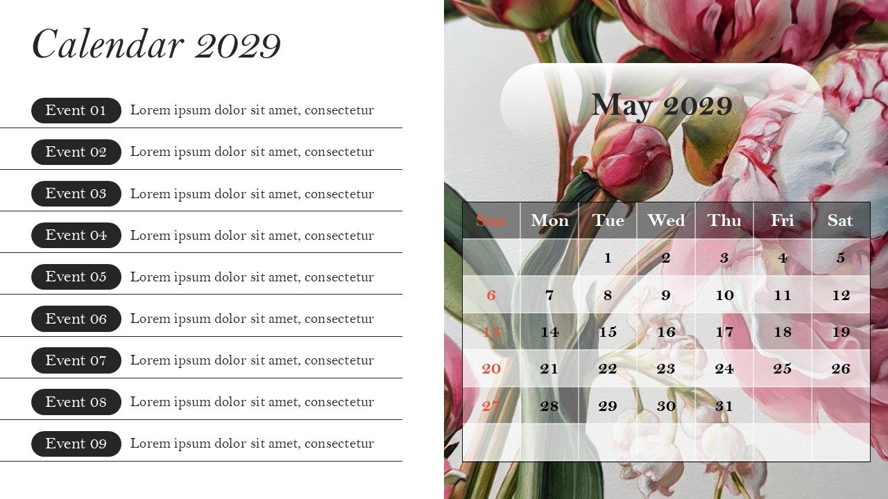 Monthly Event Planning Calender 2029 PowerPoint Infographics
