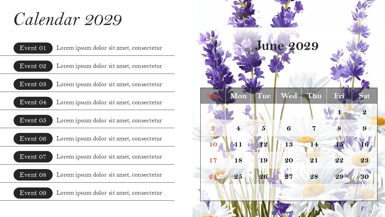 Monthly Event Planning Calender 2029 PowerPoint Infographics