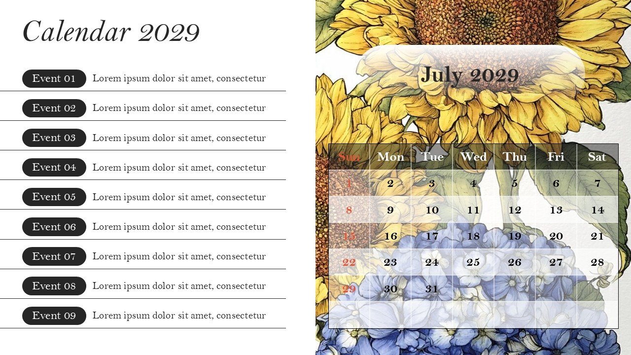 Monthly Event Planning Calender 2029 PowerPoint Infographics