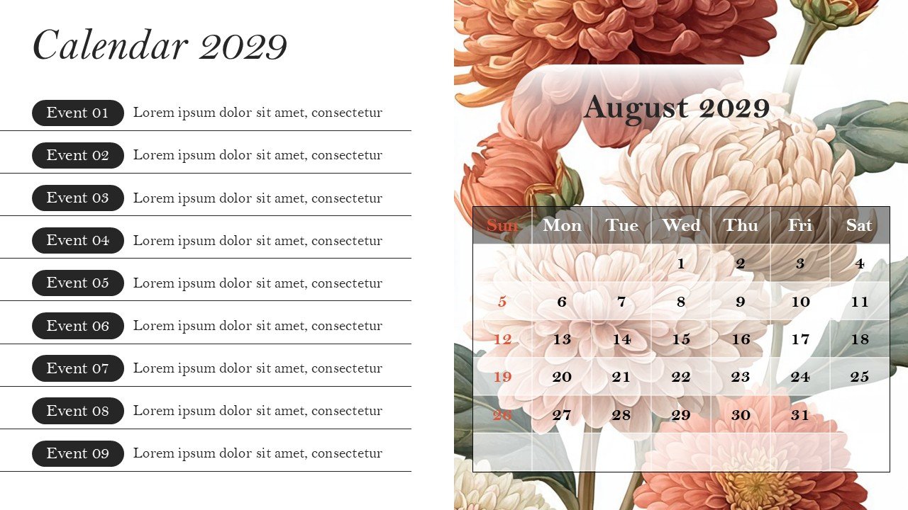 Monthly Event Planning Calender 2029 PowerPoint Infographics