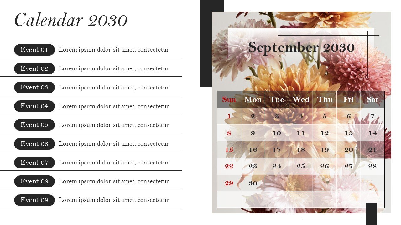 Monthly Event Planning Calender 2030 PowerPoint Infographics