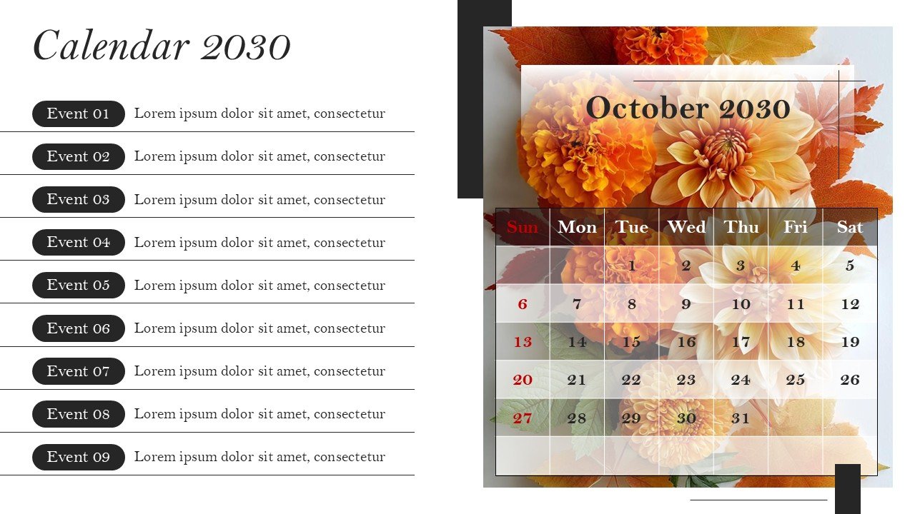 Monthly Event Planning Calender 2030 PowerPoint Infographics