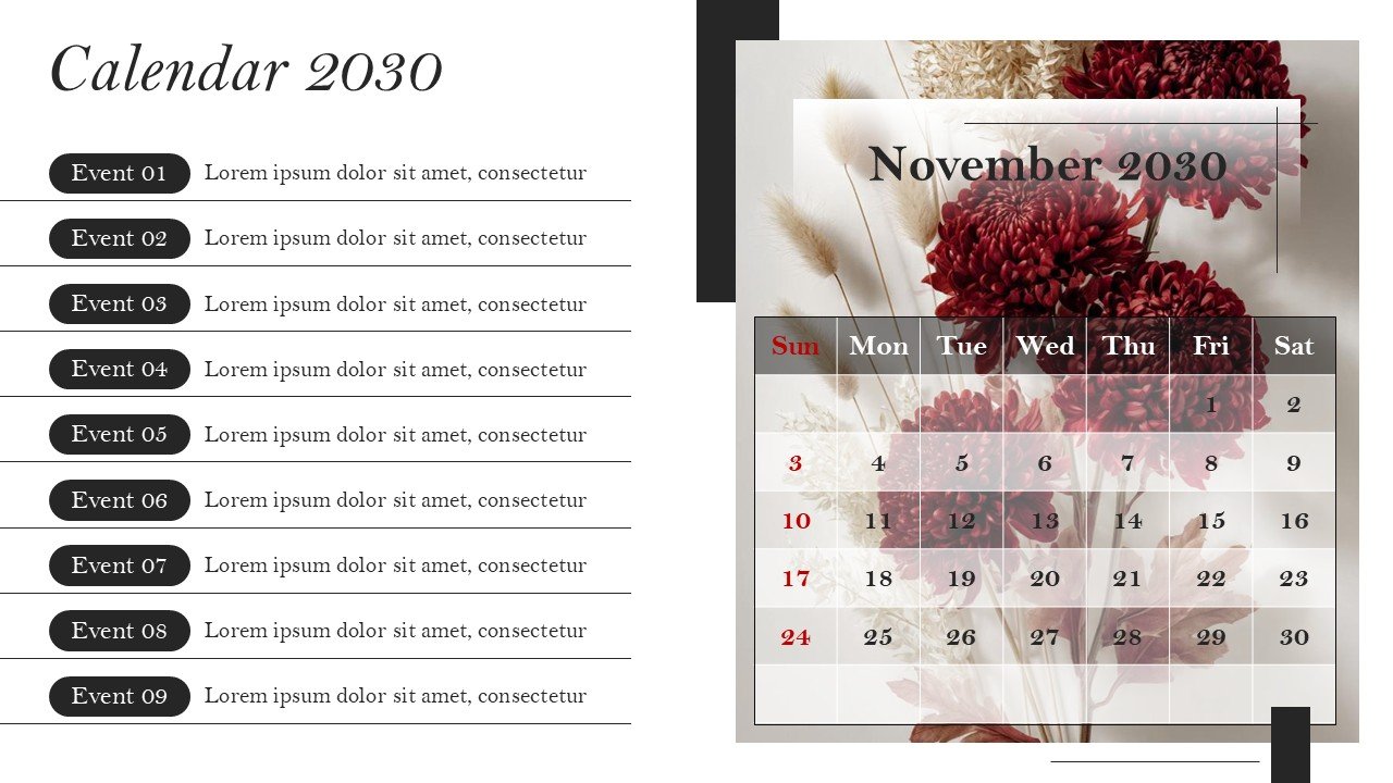 Monthly Event Planning Calender 2030 PowerPoint Infographics