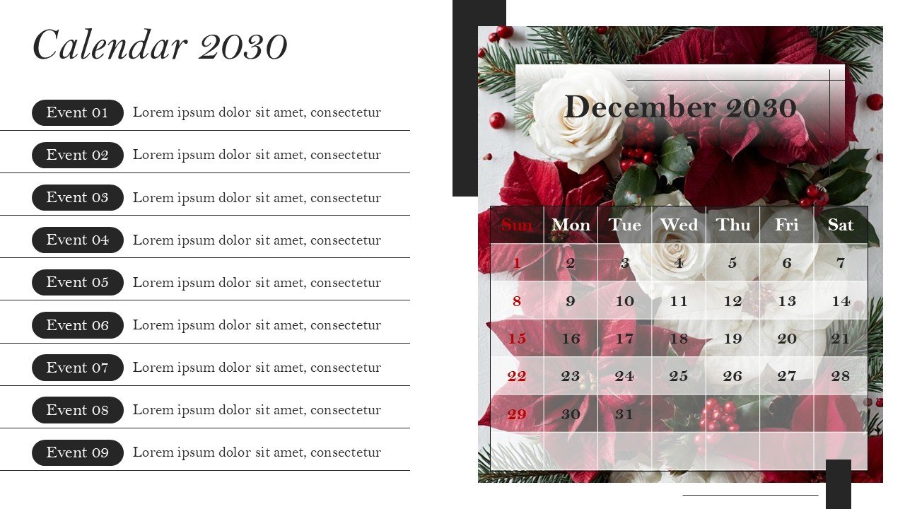 Monthly Event Planning Calender 2030 PowerPoint Infographics