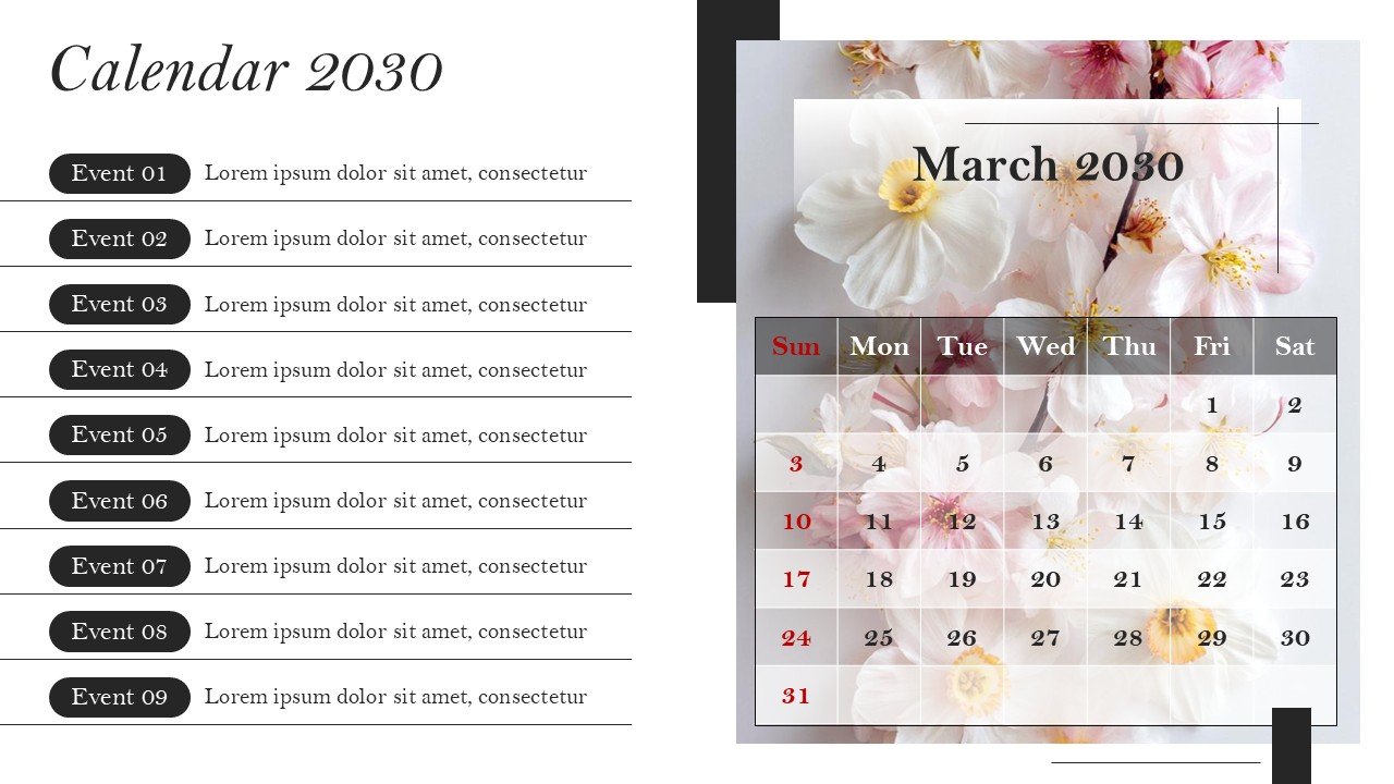 Monthly Event Planning Calender 2030 PowerPoint Infographics