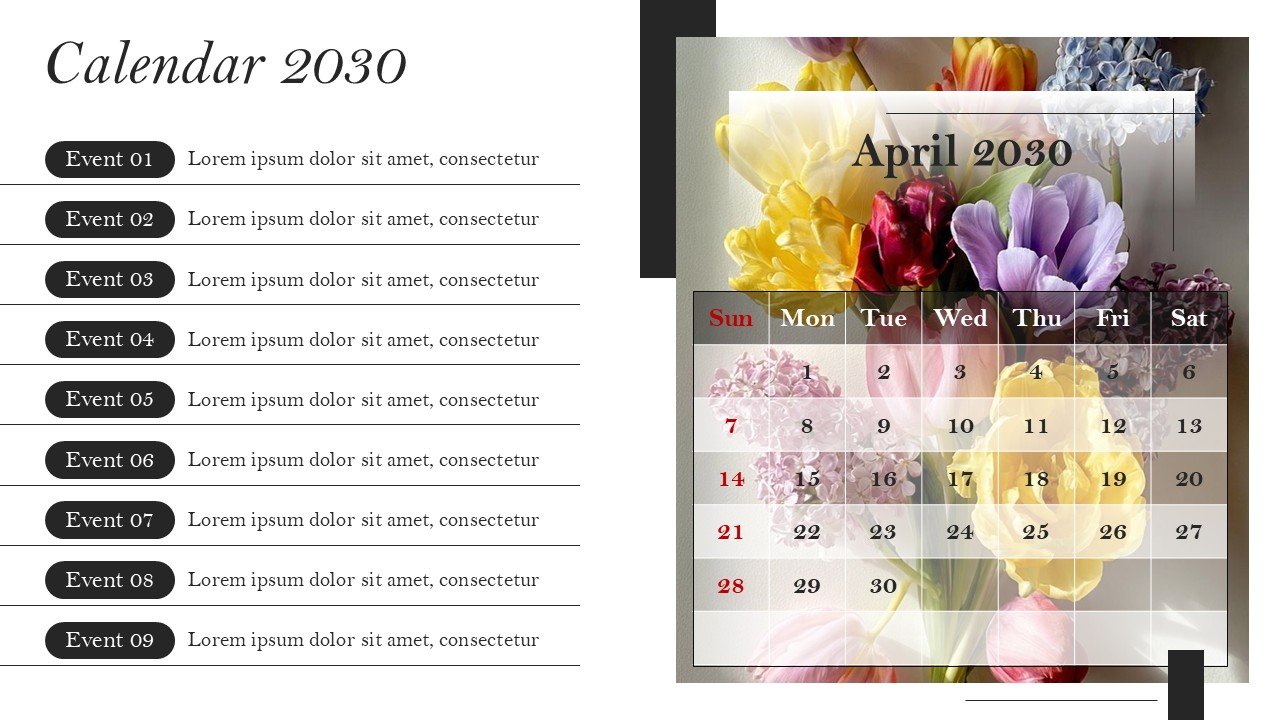 Monthly Event Planning Calender 2030 PowerPoint Infographics