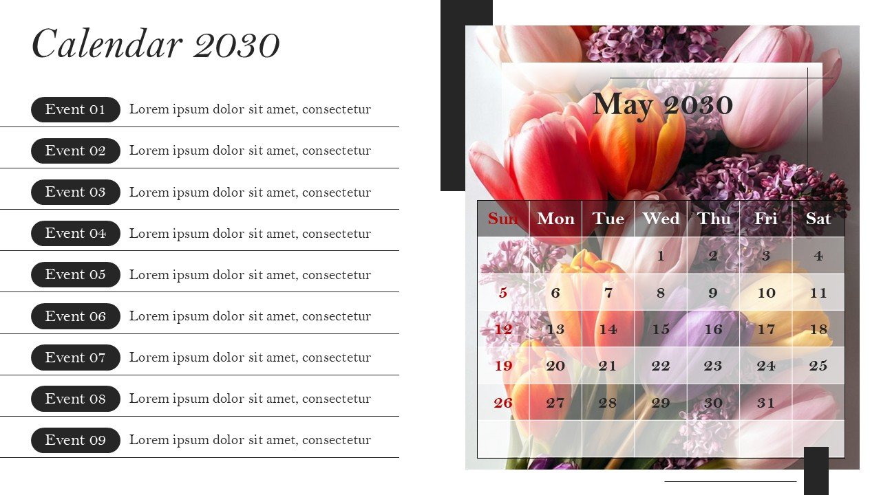 Monthly Event Planning Calender 2030 PowerPoint Infographics