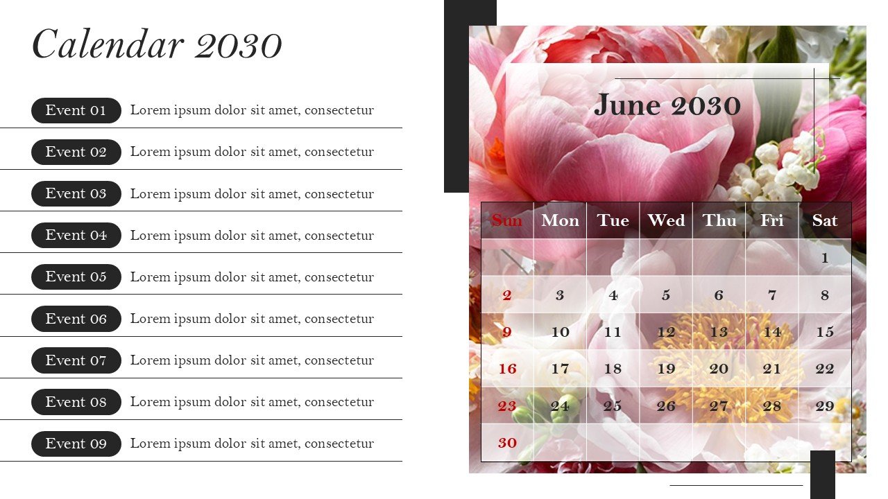 Monthly Event Planning Calender 2030 PowerPoint Infographics