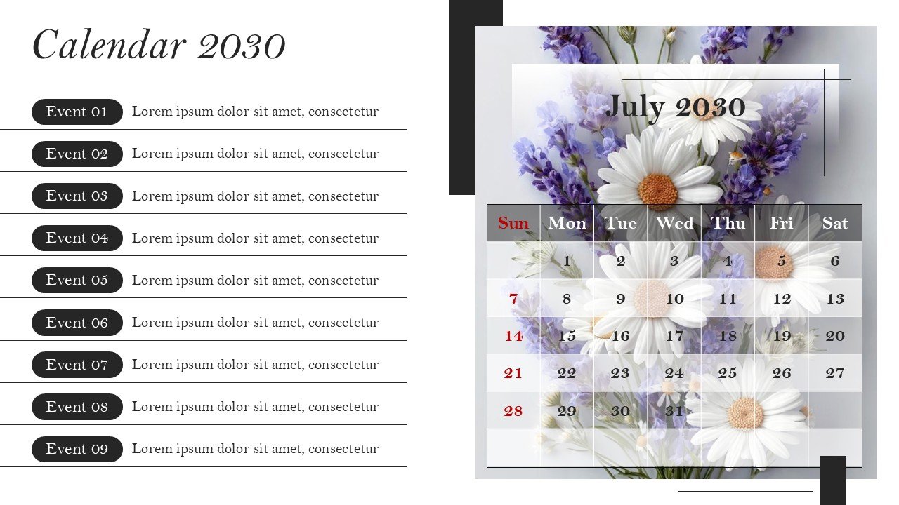 Monthly Event Planning Calender 2030 PowerPoint Infographics