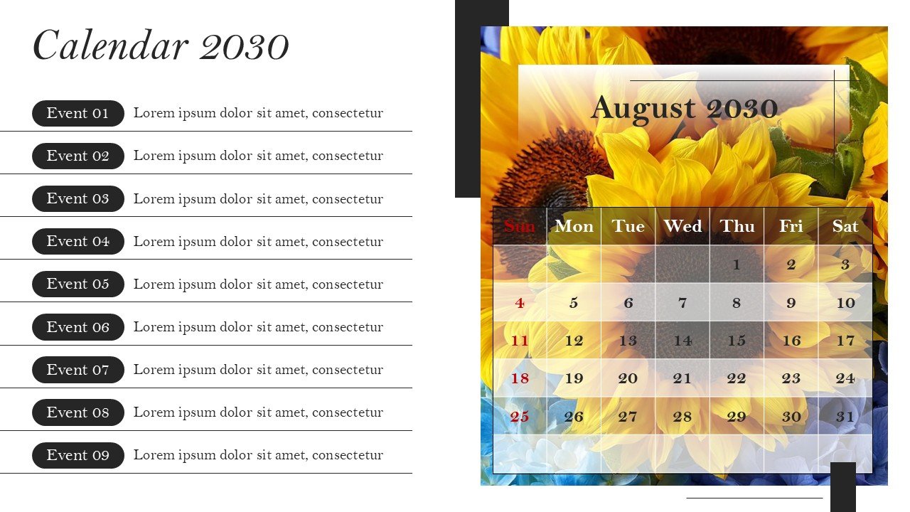 Monthly Event Planning Calender 2030 PowerPoint Infographics