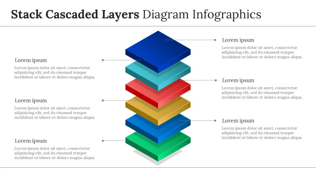 3D Stack Cascaded Layers Diagram Infographics PPT and Google Slides
