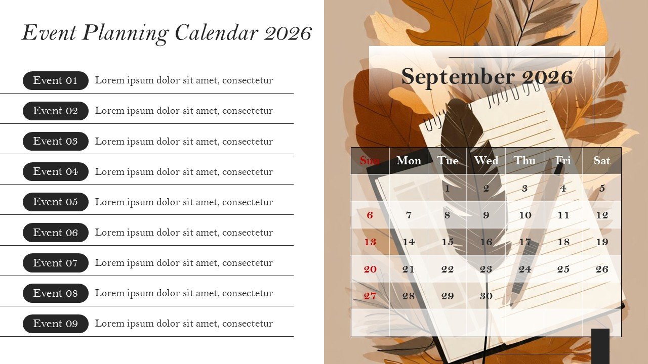 Company Monthly Events Planning Calendar 2026 PowerPoint and Google Slides
