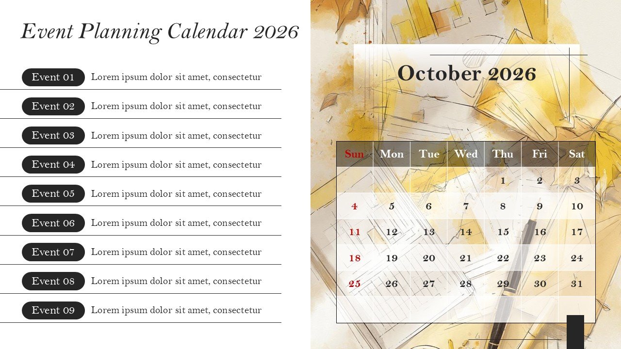 Company Monthly Events Planning Calendar 2026 PowerPoint and Google Slides