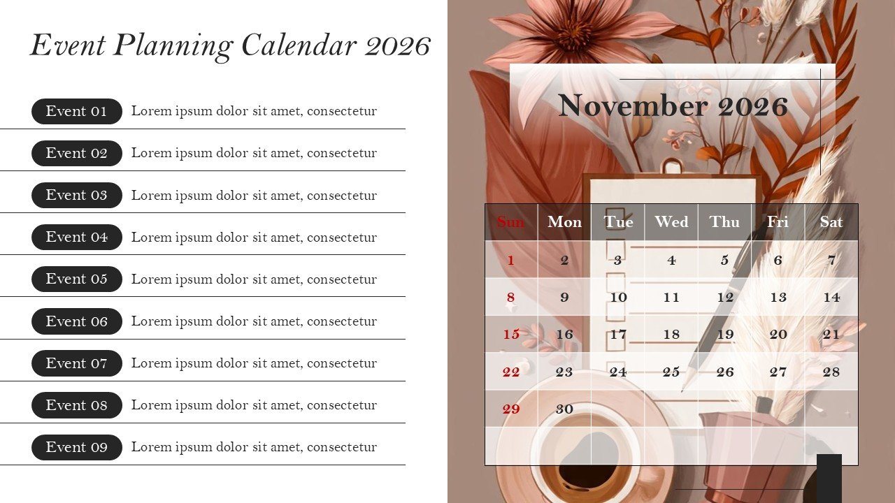 Company Monthly Events Planning Calendar 2026 PowerPoint and Google Slides