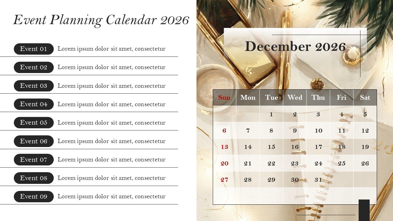 Company Monthly Events Planning Calendar 2026 PowerPoint and Google Slides