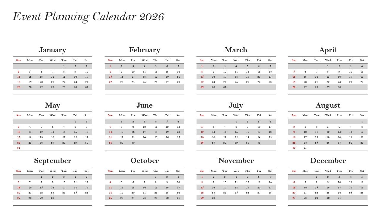Company Monthly Events Planning Calendar 2026 PowerPoint and Google Slides