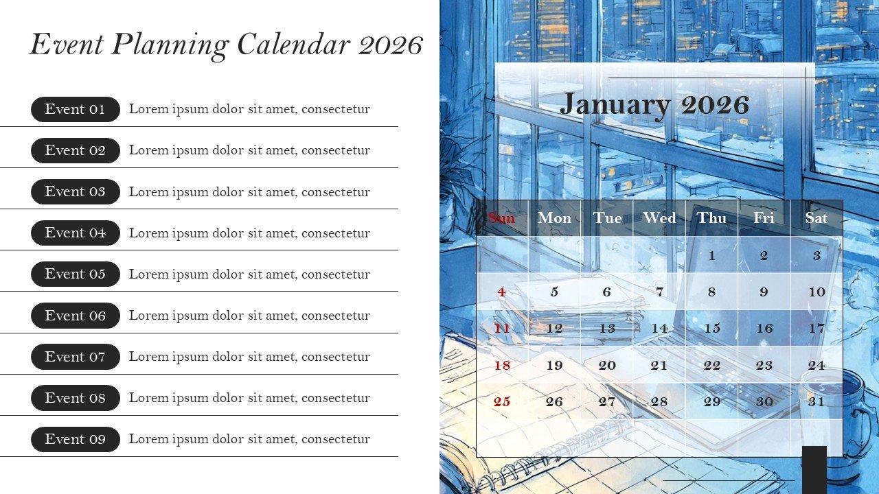 Company Monthly Events Planning Calendar 2026 PowerPoint and Google Slides