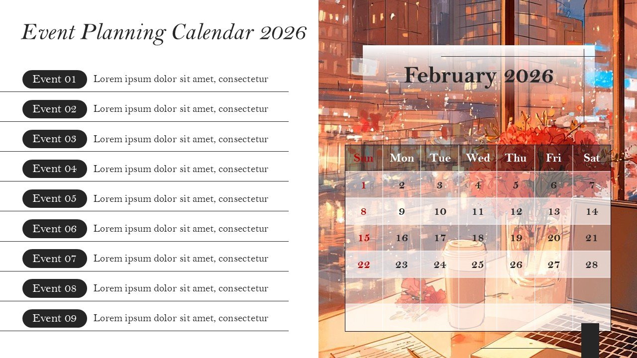 Company Monthly Events Planning Calendar 2026 PowerPoint and Google Slides