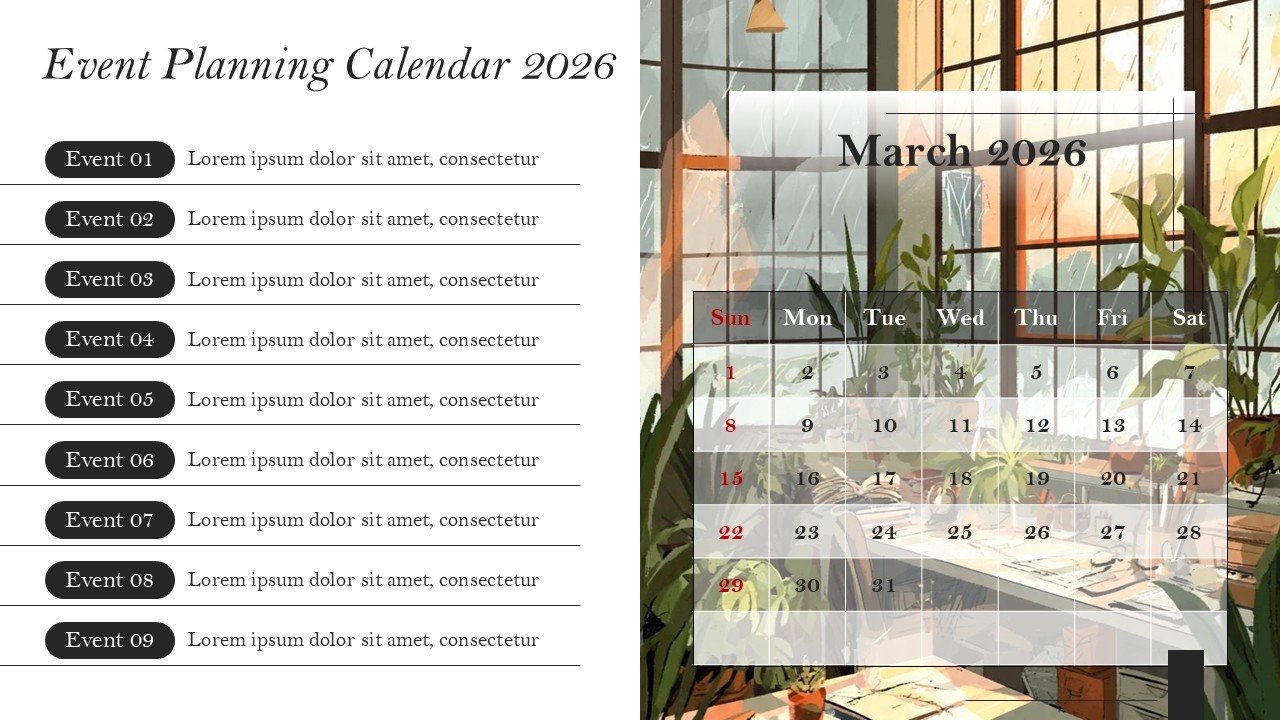 Company Monthly Events Planning Calendar 2026 PowerPoint and Google Slides