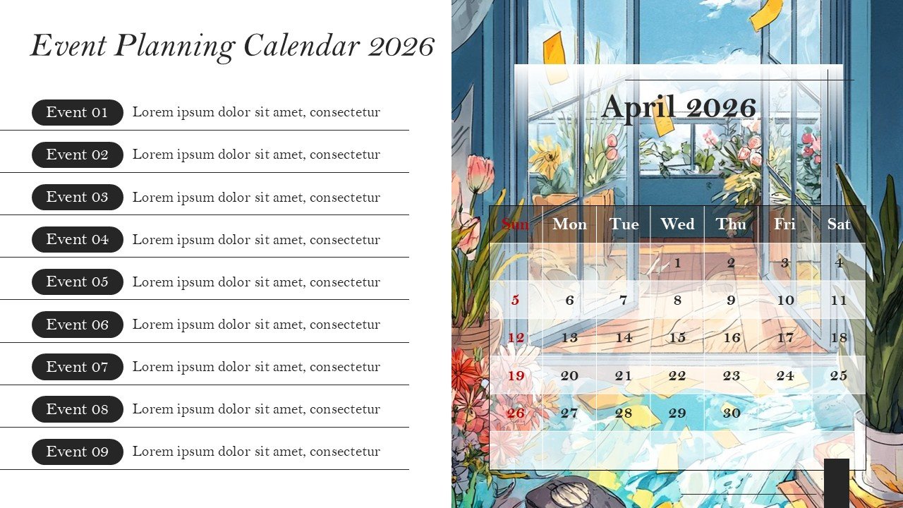 Company Monthly Events Planning Calendar 2026 PowerPoint and Google Slides