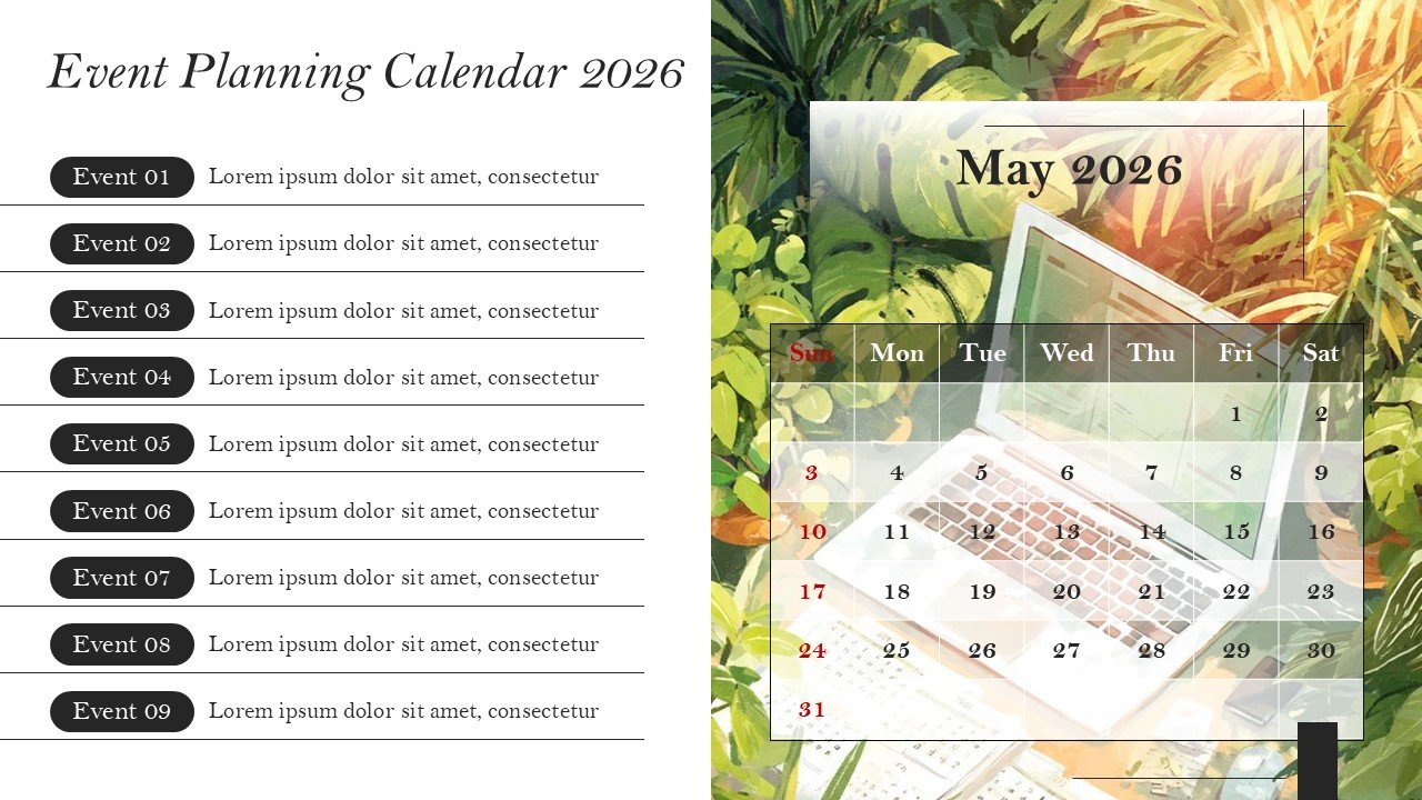 Company Monthly Events Planning Calendar 2026 PowerPoint and Google Slides