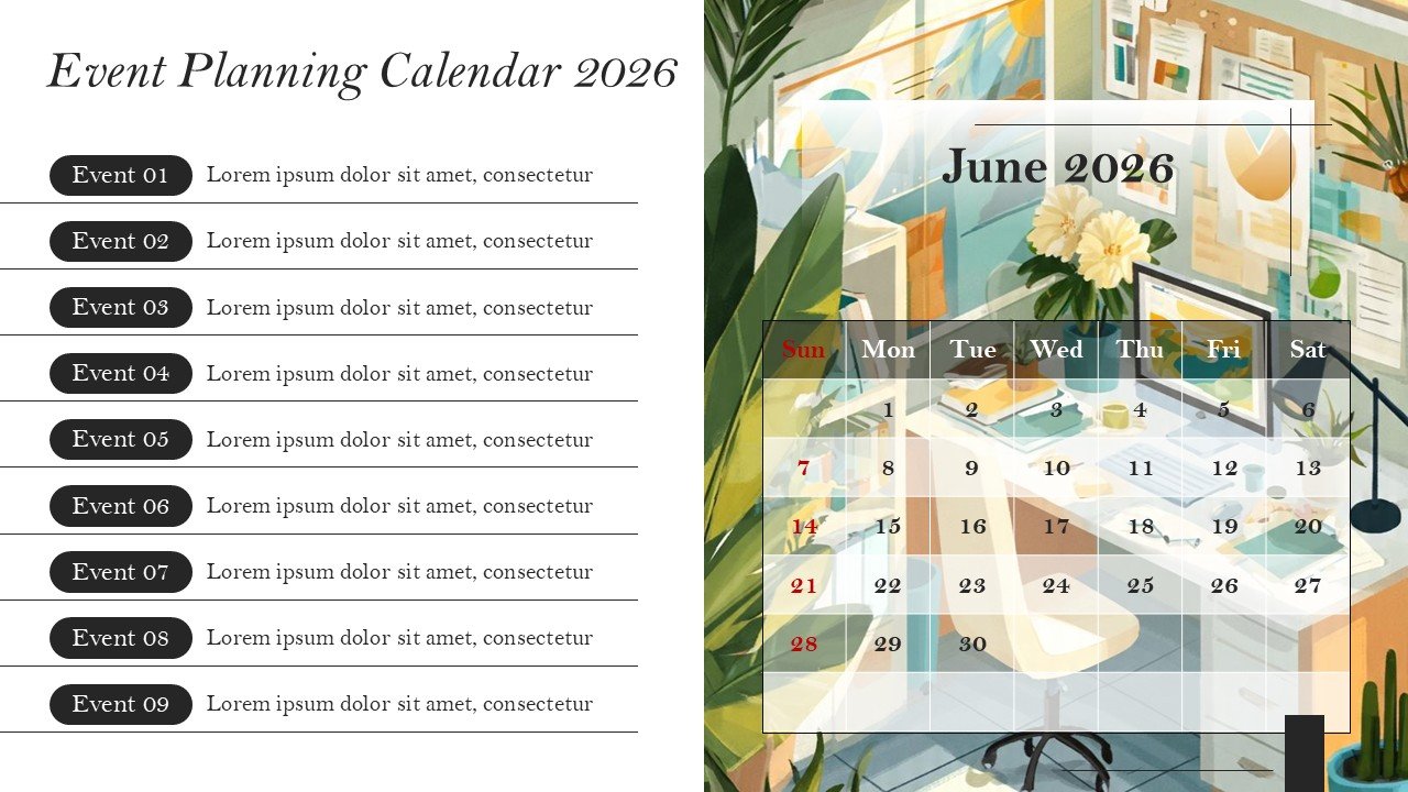 Company Monthly Events Planning Calendar 2026 PowerPoint and Google Slides