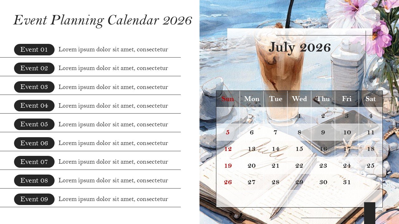 Company Monthly Events Planning Calendar 2026 PowerPoint and Google Slides
