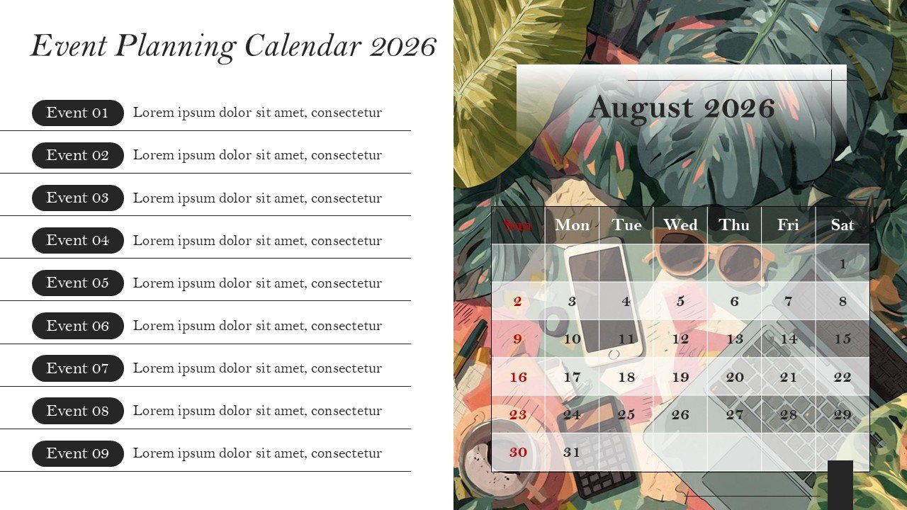 Company Monthly Events Planning Calendar 2026 PowerPoint and Google Slides