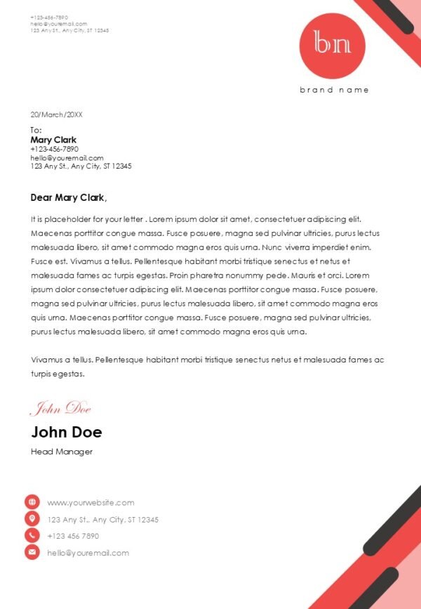 Modern Red Company Letterhead Contract Header A4 PPT PowerPoint